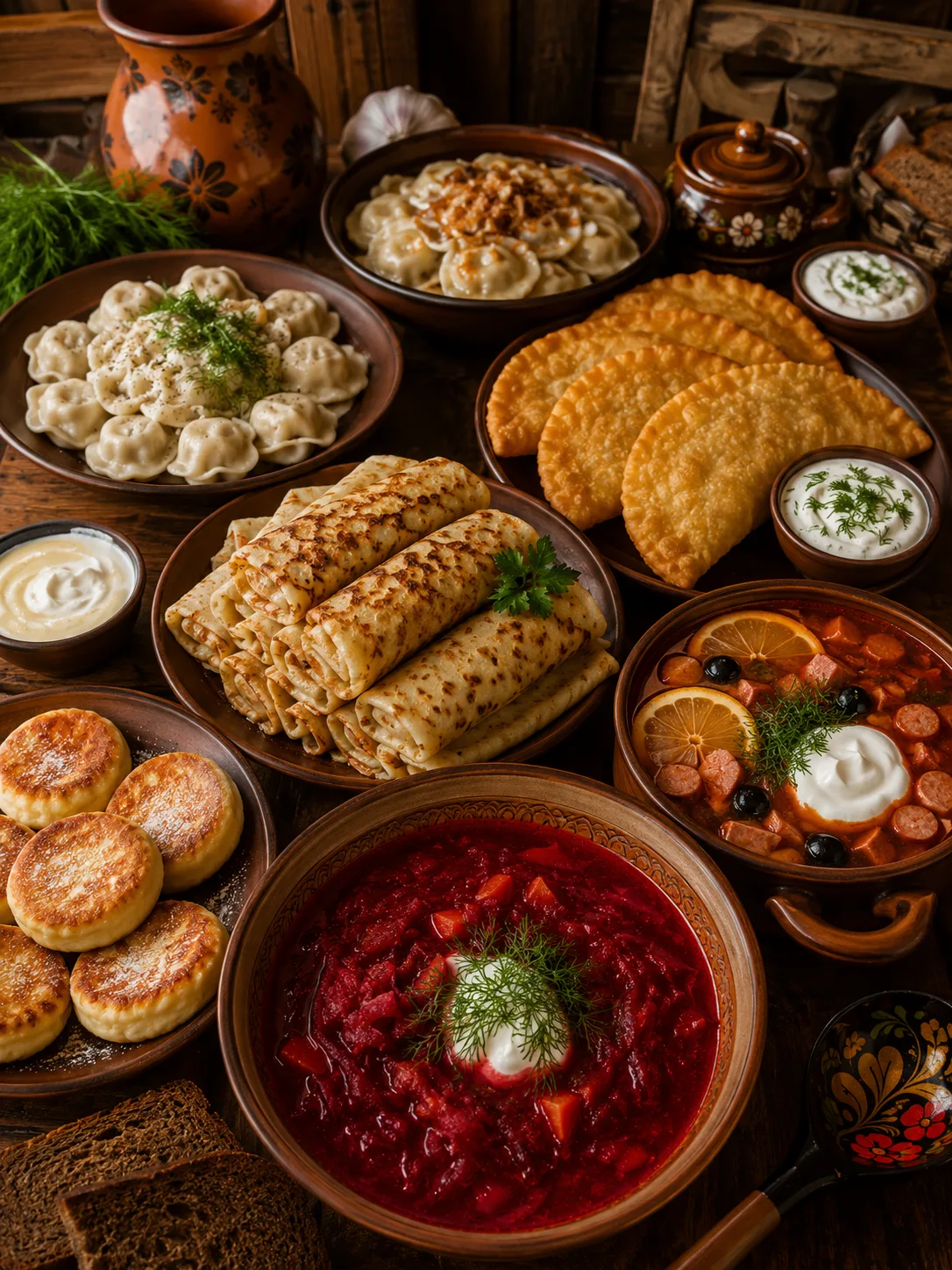 Eine Auswahl an handgemachten osteuropäischen Spezialitäten wie Pelmeni, Borschtsch und Blini